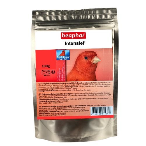 Bohena intensief adds brightness and color to red factor birds such as canaries, parakeets, goldfinches, cardinals, flamingos and others.