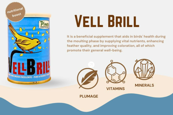 VellBrill for Pineta Zootecnici perfect moult, Gives a rich, bright and velvety plumage, Contains vitamins, amino acids, trace elements and minerals. (200g)