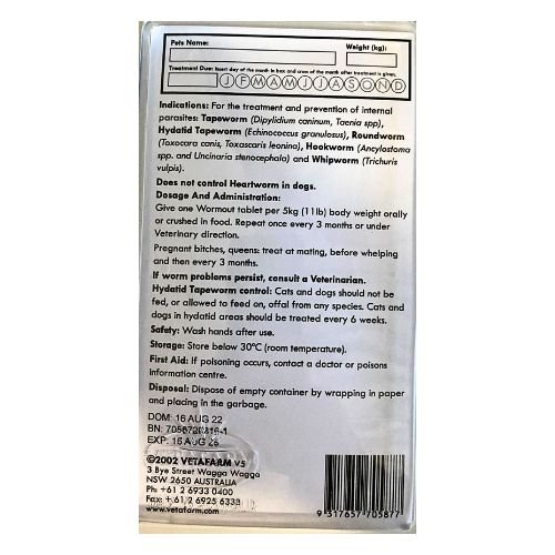 VetaFarm Wormout Tablets for Cat/Dog 6 pk.